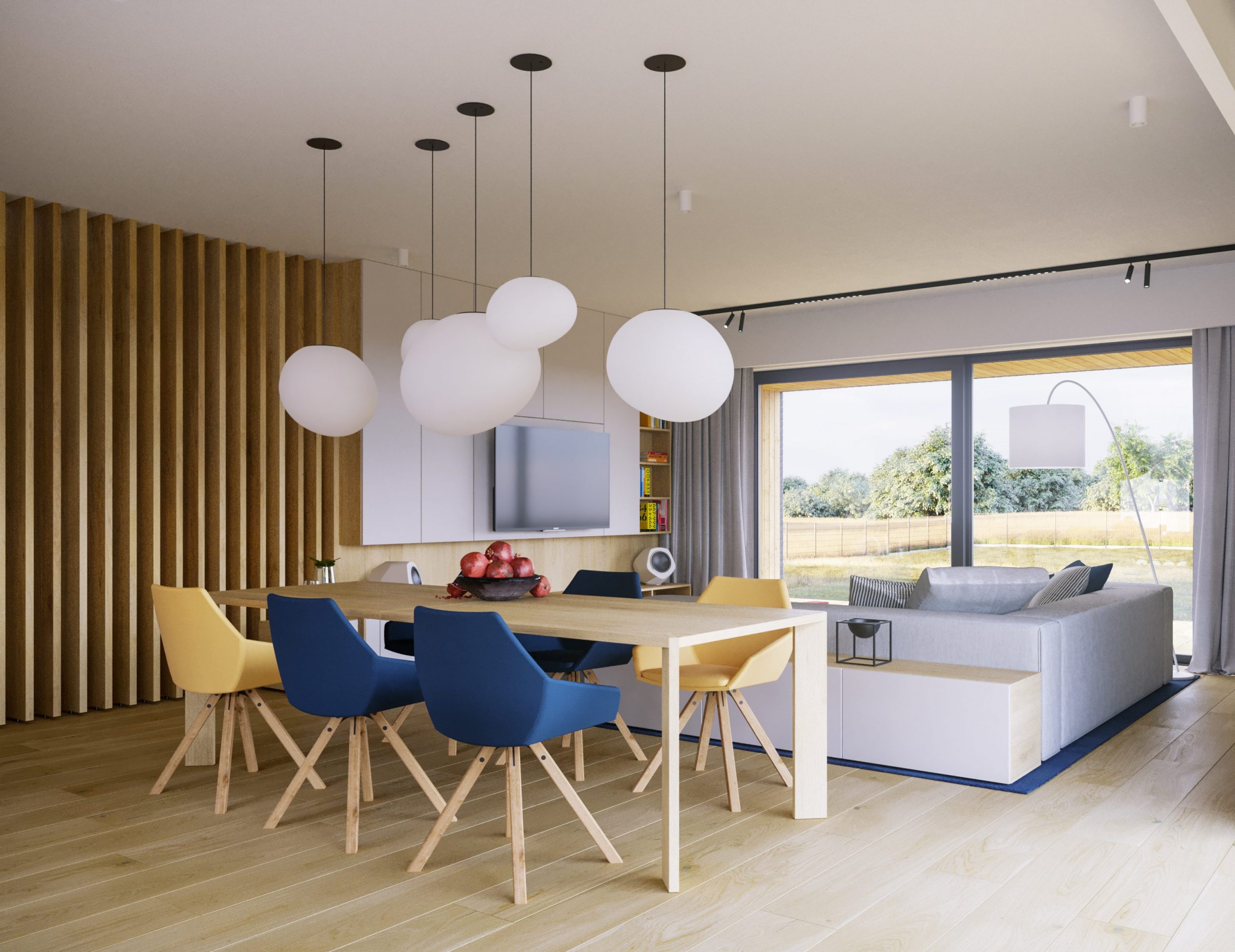 Jasny i przestronny salon z jadalnią, krzesła Paged Collection, lampa Foscarini, Lublin
