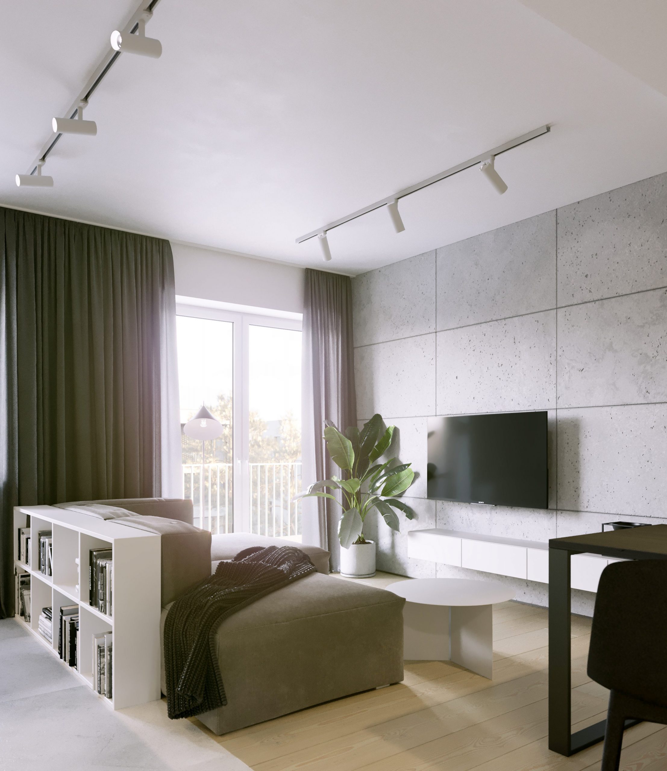 Przestronny salon z betonową ścianą oraz szarym narożnikiem, Lublin