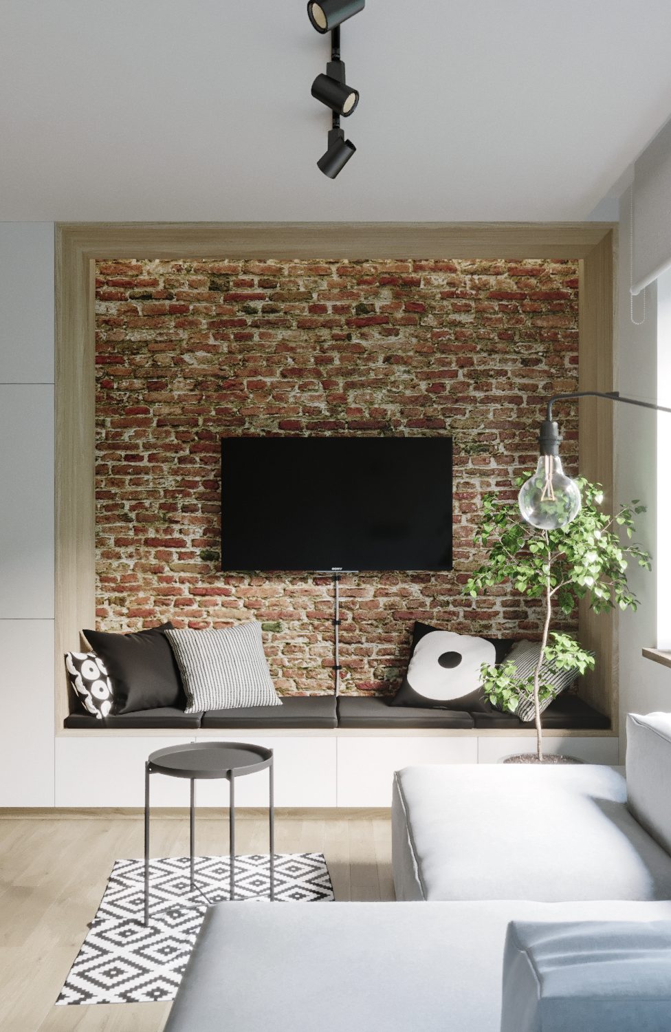 Jasny salon z szarą kanapą oraz ciekawym oświetleniem, Warszawa