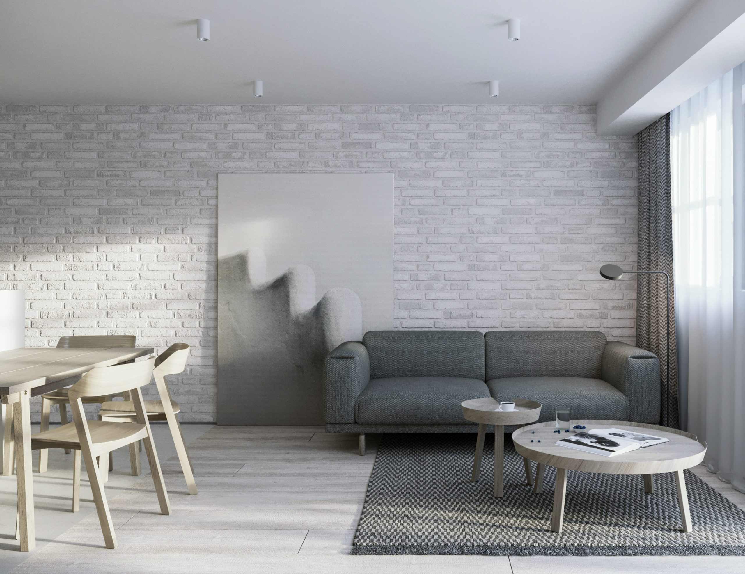 Salon z ceglaną ścianą, krzesła Ton Merano, Lublin