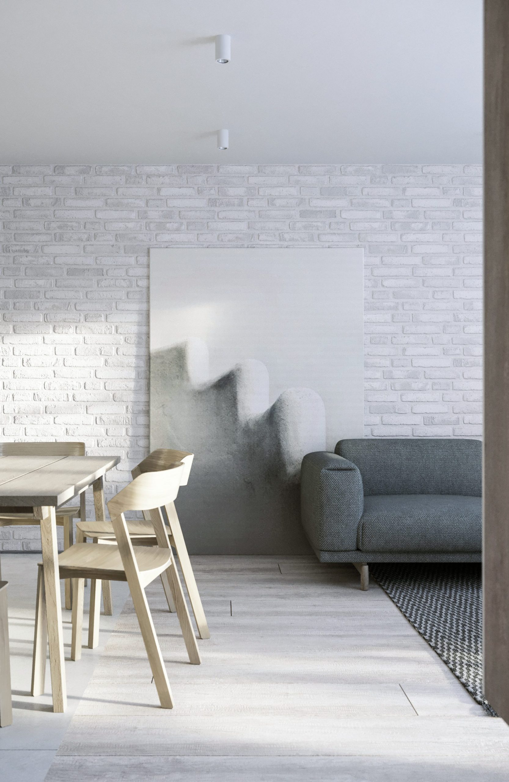 Salon z ceglaną ścianą, krzesła Ton Merano, Lublin