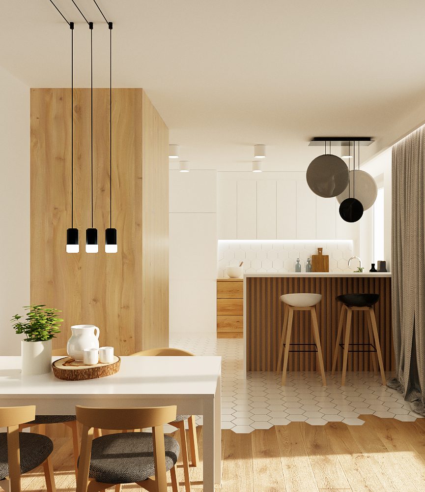 Salon z aneksem kuchennym z heksagonami, lampy Vibia, krzesła Paged Uxi, Lublin