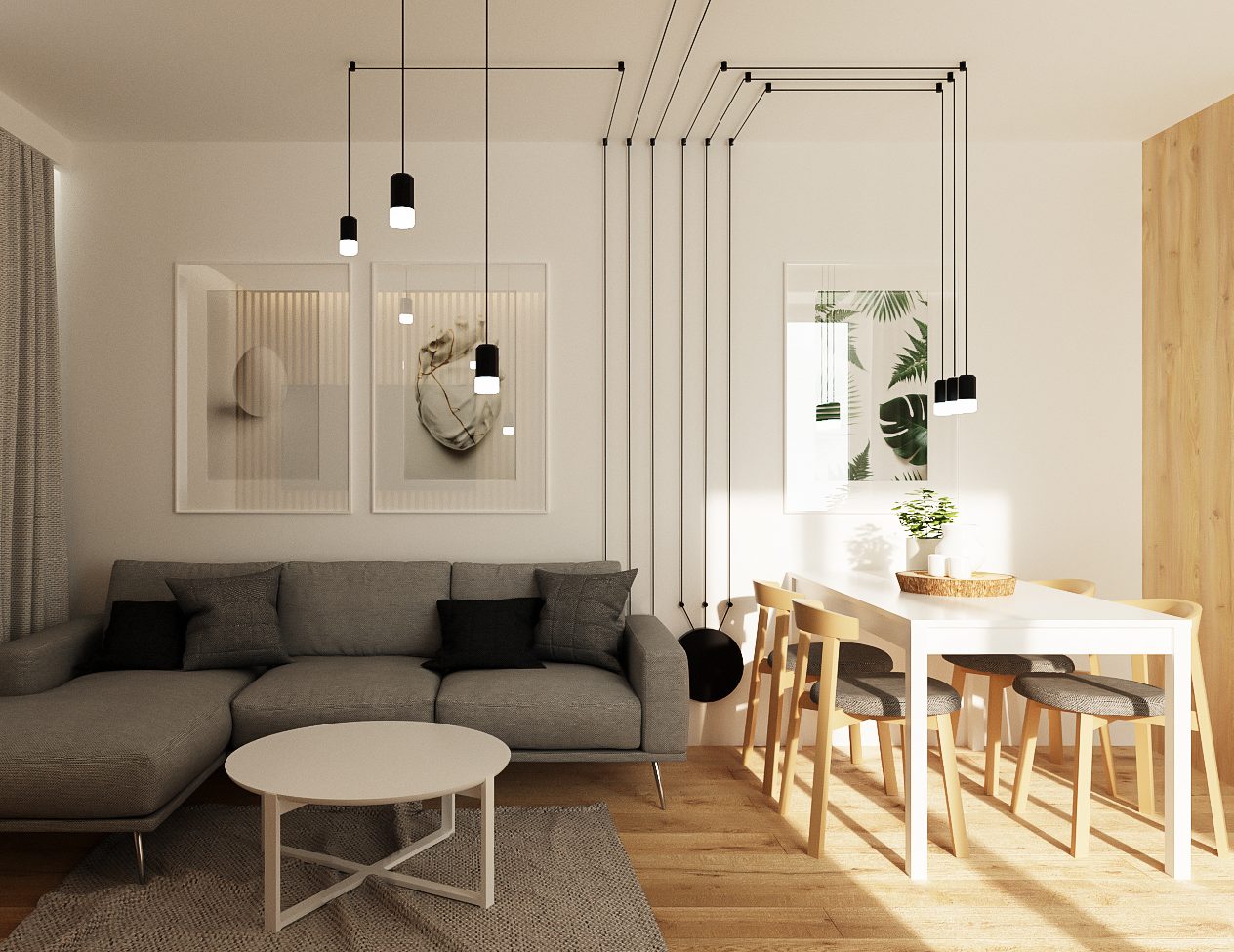 Salon z szarą kanapą i stołem, lampa Vibia, krzesła Paged Uxi, Lublin