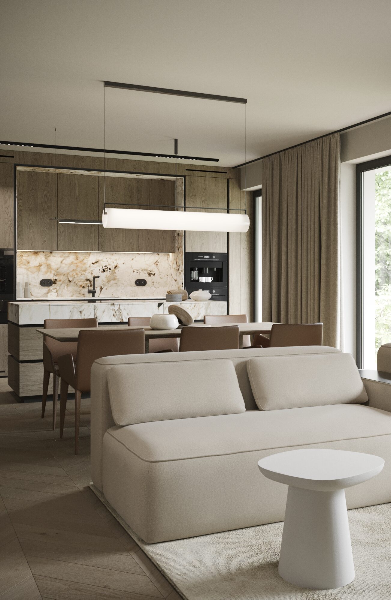 Projekt mieszkania 70 m² w Lublinie – salon z aneksem kuchennym w beżowych barwach